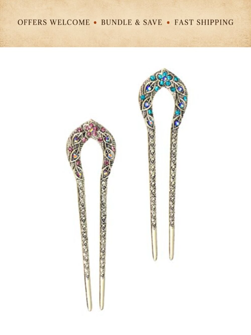 Vintage Rhinestone Double Prong Hair Stick Set 2 Decorative Hairpins Elegant
